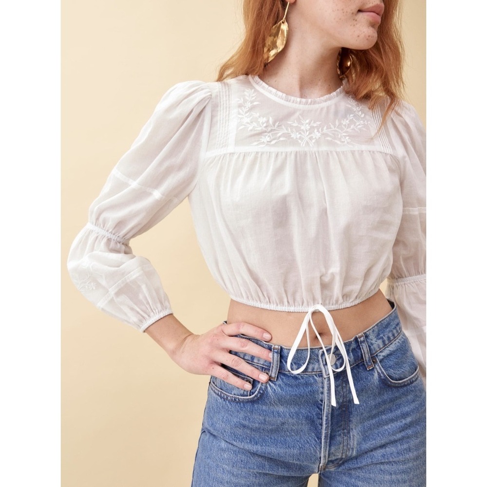 Reformation Warbler Cotton Embroidered Puff Sleeve Blouse White XS‎ Romantic